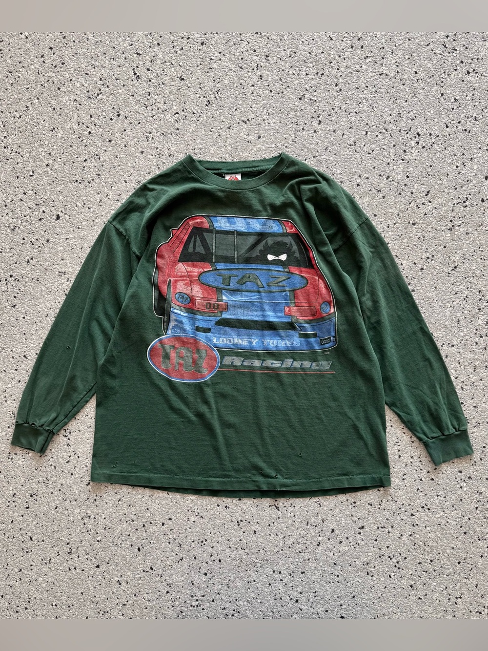 Vintage 90s Taz Racing Long Sleeve T-Shirt Green Graphic Tee Looney Tunes Sz XL